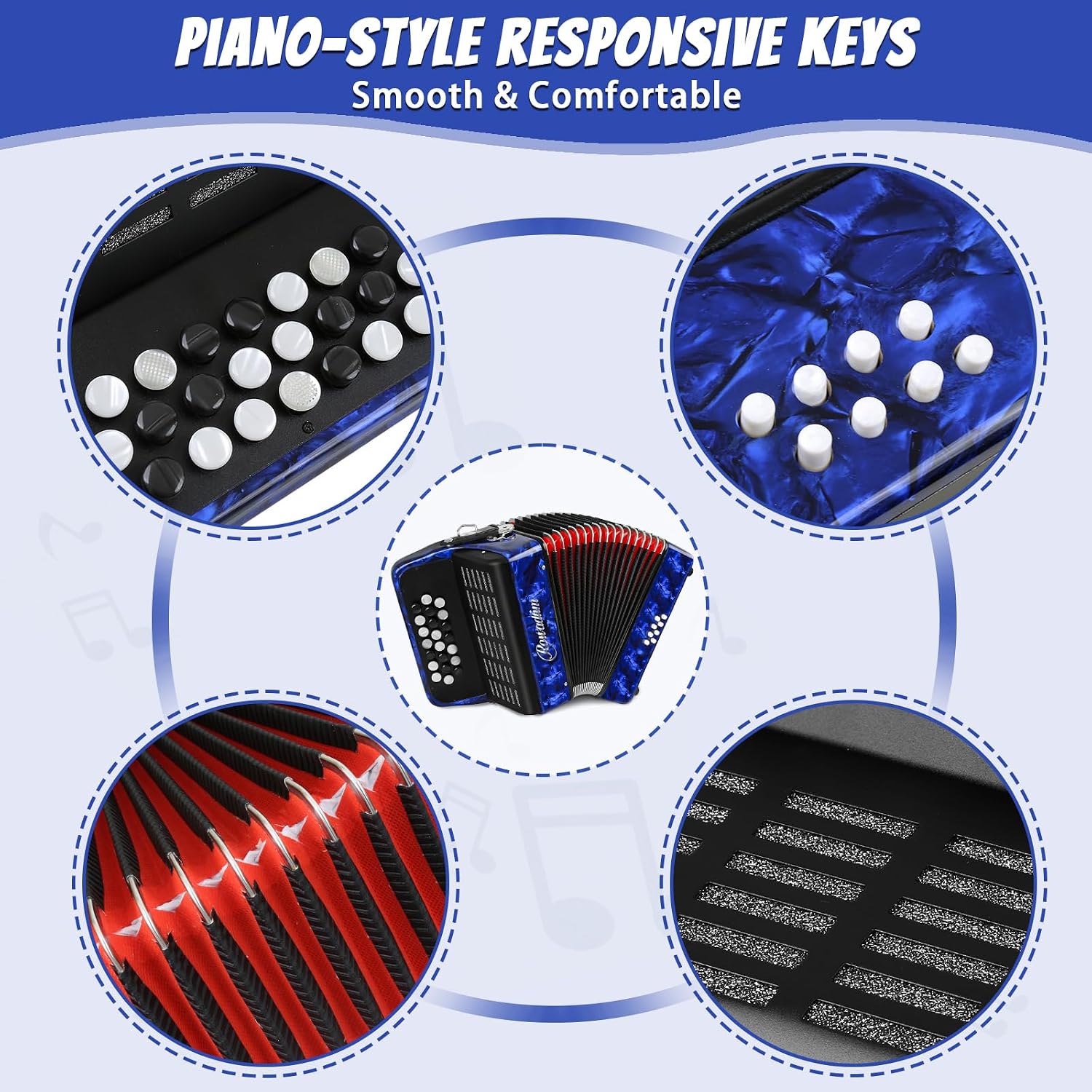 Accordions,22 keys Accordion,8 Bass Student Piano accordions Suitable for beginners and students Lightweight and portable, comes with a backpack and adjustable straps (8 Bass, Blue)