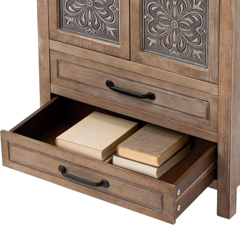 COSIEST 48' Tall Farmhouse Accent Cabinet with Doors and 2 Drawers, Rustic Wood Storage Buffet, Embossed Metal Floral Carving Chest with Adjustable Shelves for Living Room, Entryway, Dining Room