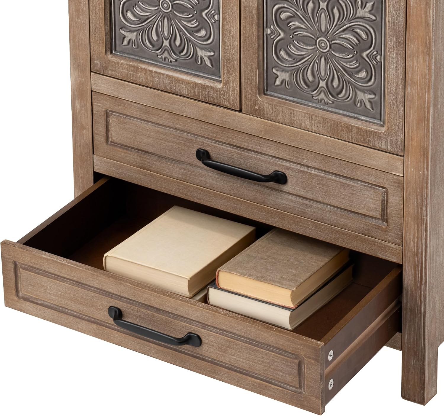 COSIEST 48' Tall Farmhouse Accent Cabinet with Doors and 2 Drawers, Rustic Wood Storage Buffet, Embossed Metal Floral Carving Chest with Adjustable Shelves for Living Room, Entryway, Dining Room