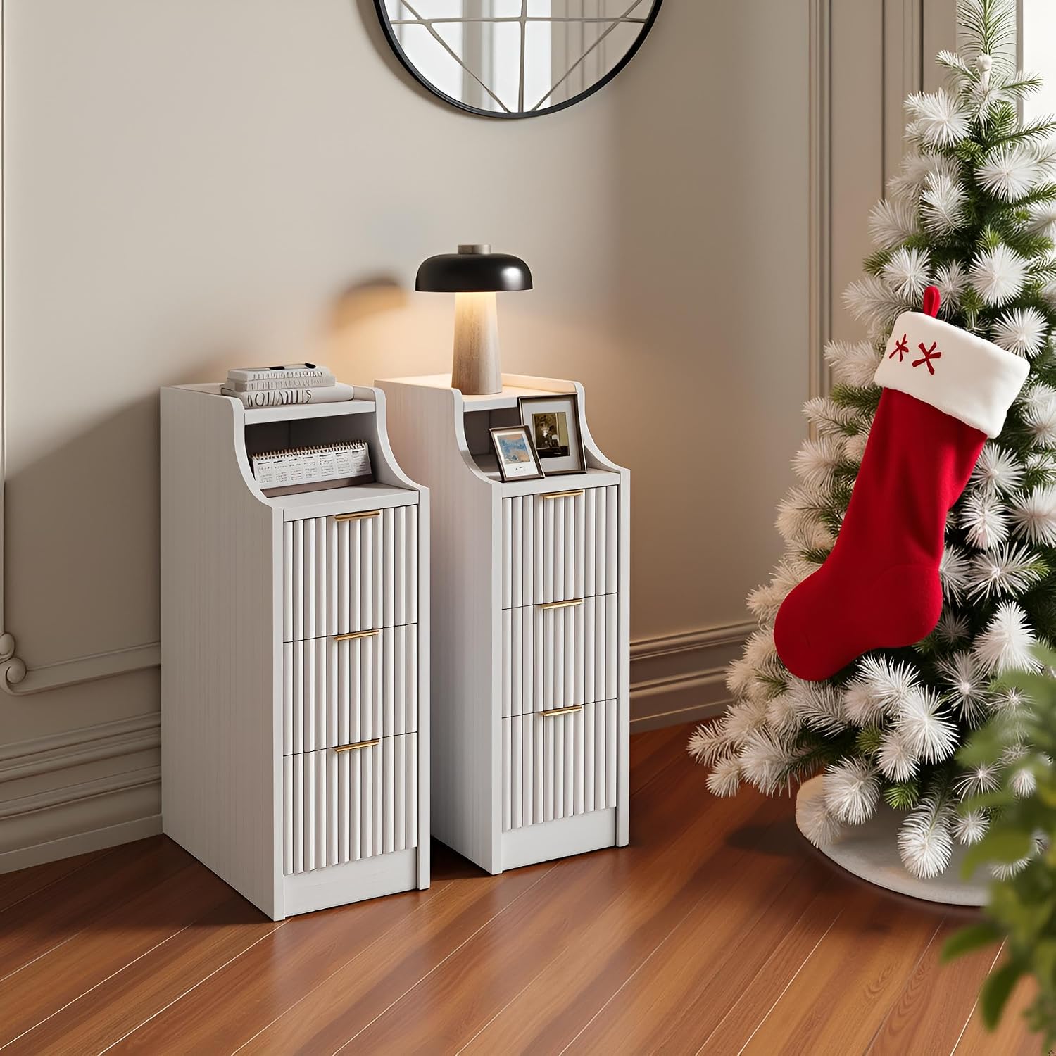 7.9' Narrow Nightstand Set of 2,23.6' Tall Fluted Bedside Table Set of 2, Slim Side End Table with 3 Drawers, Wooden Bedside Table, White Wood Night Stand for Bedroom Livingroom Sofa Office