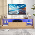 Mid Century Modern TV Stand for 55 60 65 70 75 Inch TVs, Fluted TV Stands for Living Room with LED Lights, 63'' Entertainment Center with 2 Large Drawers & Glass Shelves, Oak