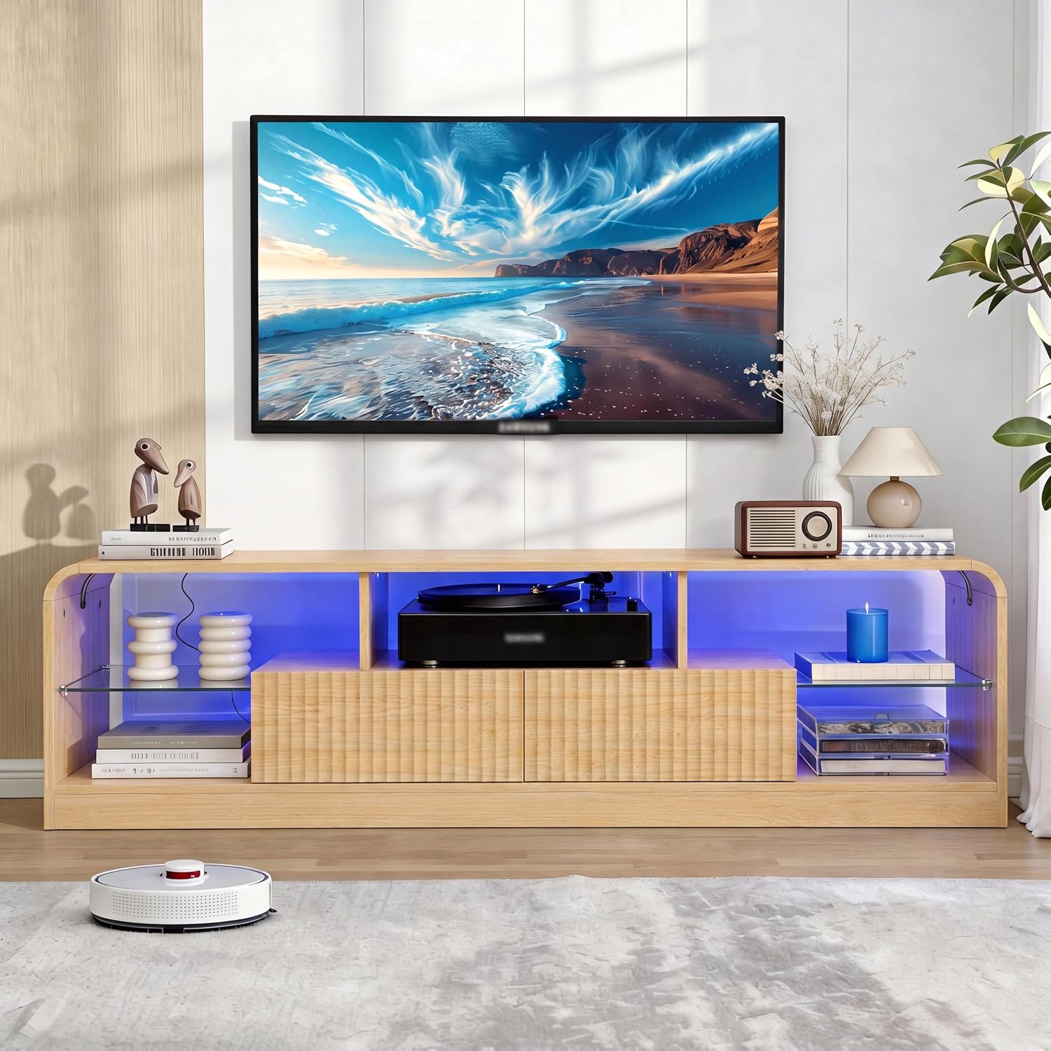 Mid Century Modern TV Stand for 55 60 65 70 75 Inch TVs, Fluted TV Stands for Living Room with LED Lights, 63'' Entertainment Center with 2 Large Drawers & Glass Shelves, Oak