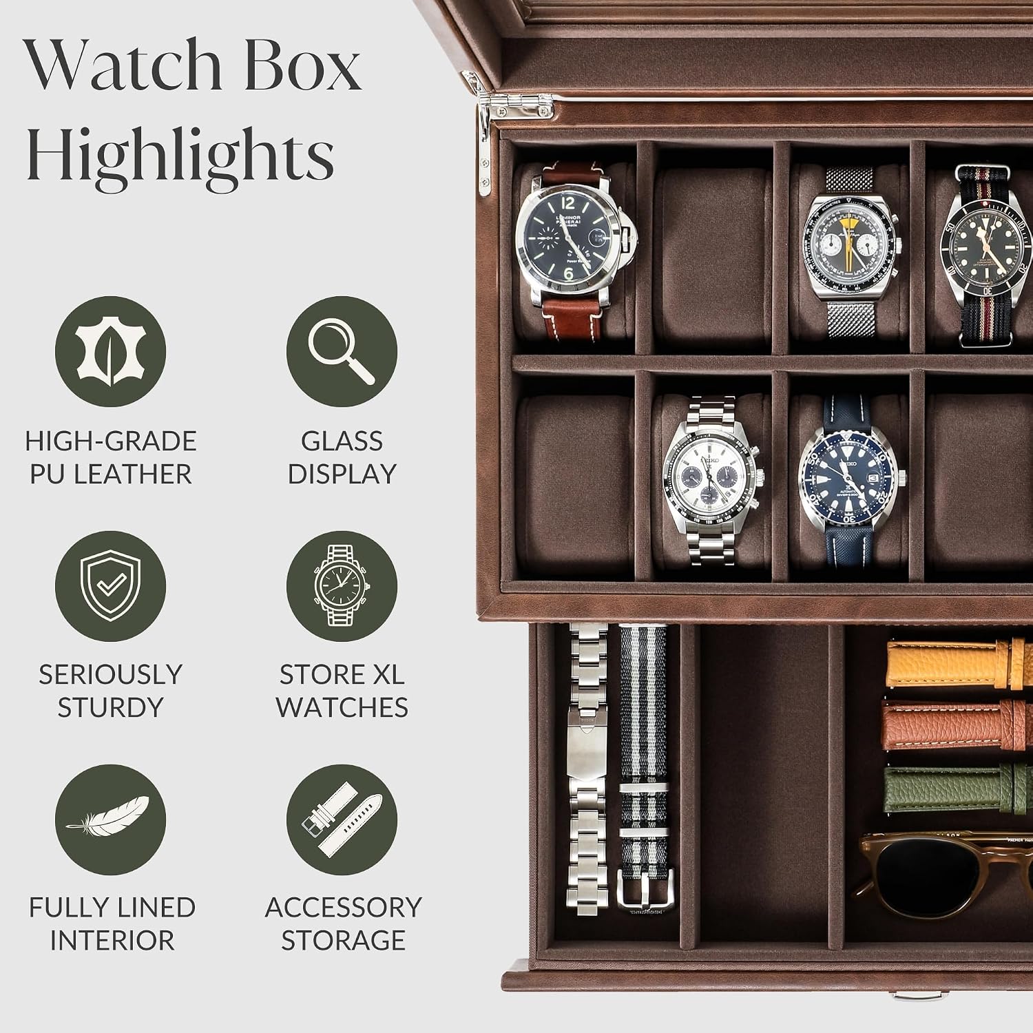 TAWBURY Watch Box for Men - 12 Slot Watch Case with Storage Drawer, Real Glass Display and 2-inch Wide Pillows for Large Watches (Brown)
