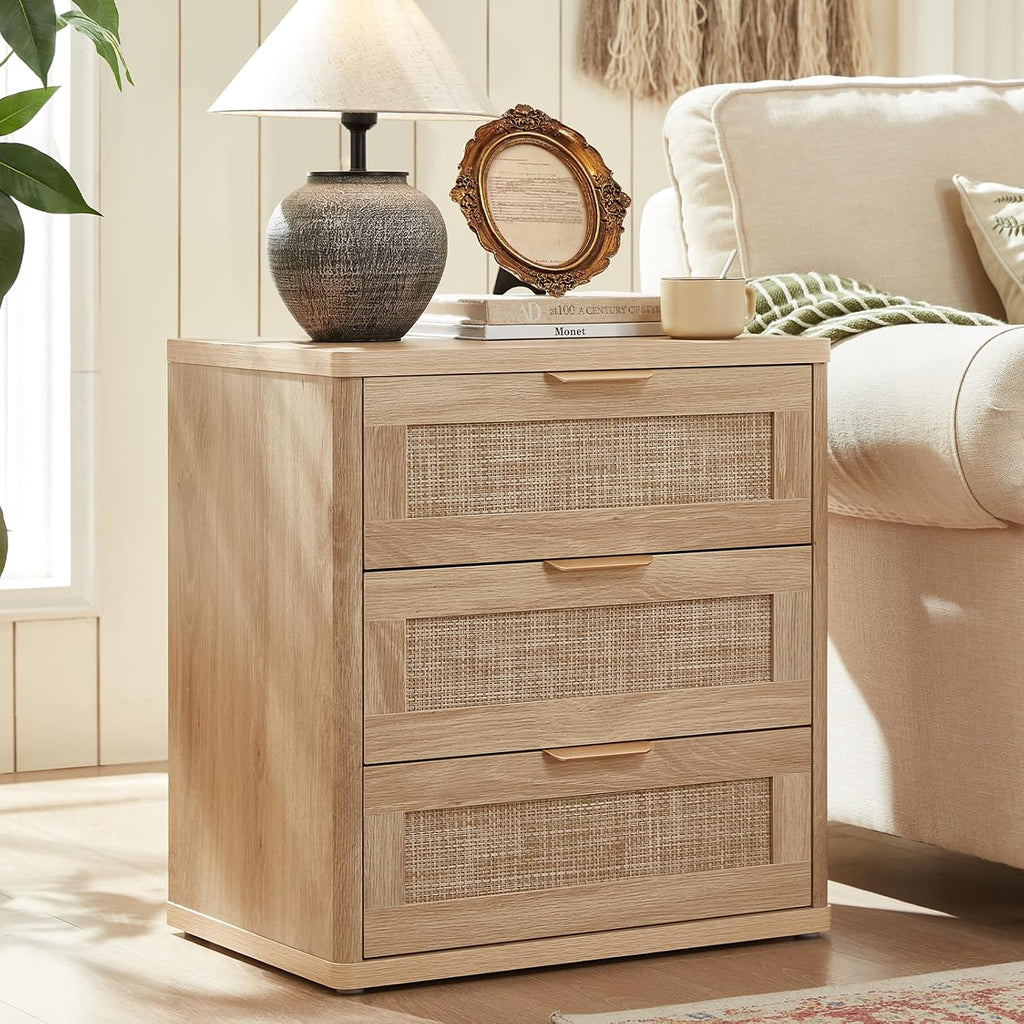 LEYAOYAO Rattan Night Stand with Drawers, 23' Large 3 Drawer Boho Nightstand, Natural Wood Bedside Table Storage Cabinet, Bed Side End Tables Dresser for Bedroom, Living Room, Hallway, Closet