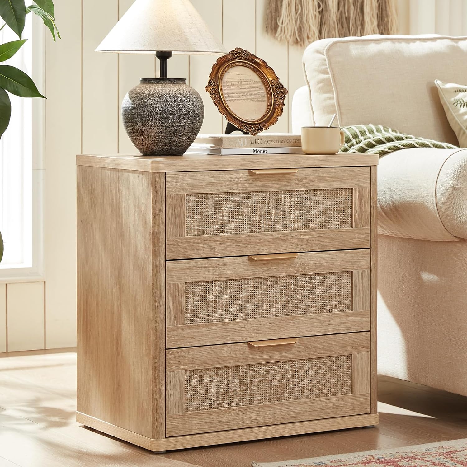LEYAOYAO Rattan Night Stand with Drawers, 23' Large 3 Drawer Boho Nightstand, Natural Wood Bedside Table Storage Cabinet, Bed Side End Tables Dresser for Bedroom, Living Room, Hallway, Closet
