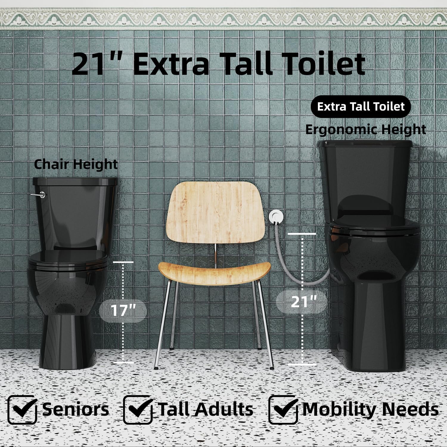Black 21 Inch High Toilet, Los Flexi Skirted Glossy Black Two-Piece Toilet with 1.1/1.28 Dual Flush System For Seniors & Tall Height Users, Comfort Elongated Bowl, Soft-Close Seat 12' Rough-In