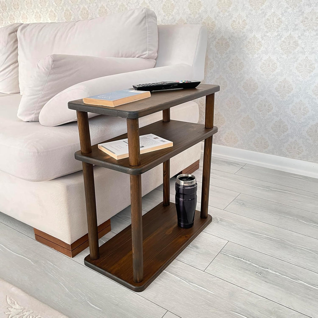 Handcrafted Solid 3-Tier Narrow Side Table, 10 Inch Pine Wood End Table for Living Room with Storage, Slim Bedside Table for Small Spaces, Nursery, Bedroom, Office (Walnut, Low)