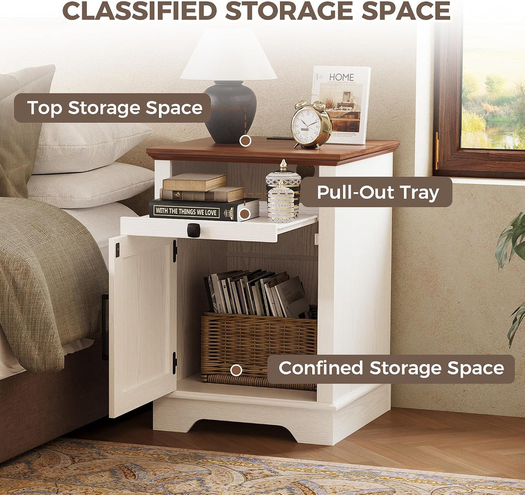 IRONCK Farmhouse End Table Set of 2, Nightstand with Charging Station and App Controlled LED, End Table with Storage for Bedroom Living Room,White