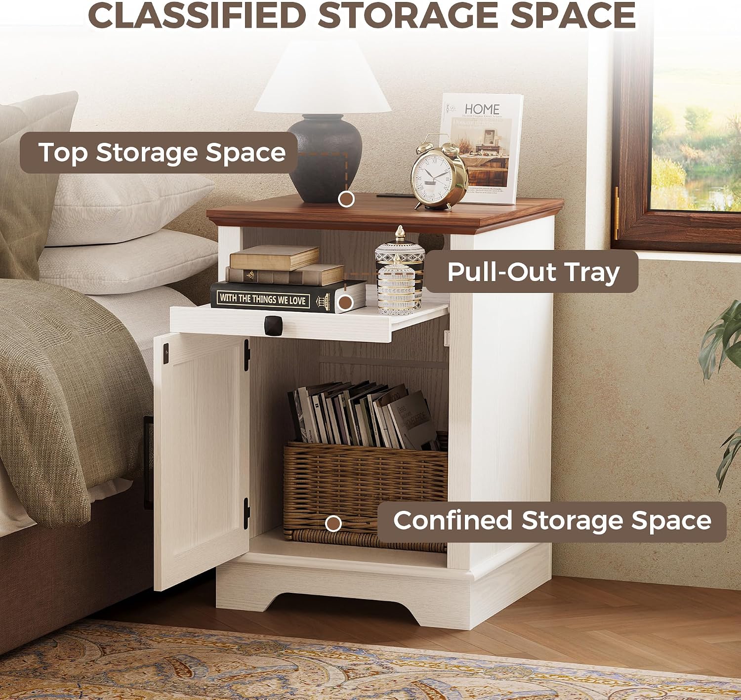 IRONCK Farmhouse End Table Set of 2, Nightstand with Charging Station and App Controlled LED, End Table with Storage for Bedroom Living Room,White