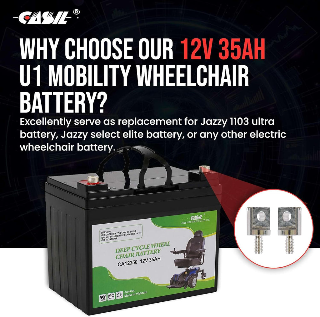 Casil 2-Pack 12V 35Ah AGM Deep Cycle Battery – U1 Mobility Scooter & Wheelchair Replacement for Jazzy Power Chairs, Pride Go-Go, Select 6