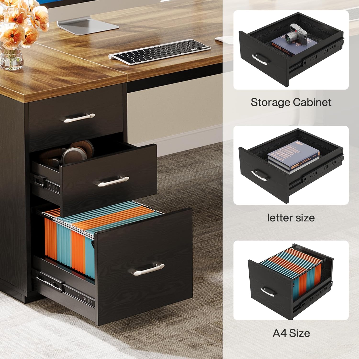 Tribesigns 85.8-Inch L-Shaped Executive Desk, Extra Large Modern Office Desk with File Drawers, Door Cabinet & Shelves, Commercial Office Table, Home Business Workstation, Brown & Black