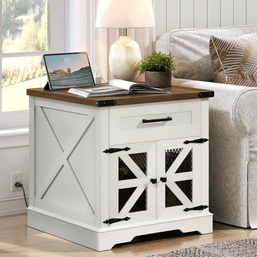 RALGEND White Farmhouse End Table with Charging Station, 24' Large Sofa Side Table with Drawer, Large End Table for Living Room, Wooden Nightstand with Outlet, Square, White and Walnut