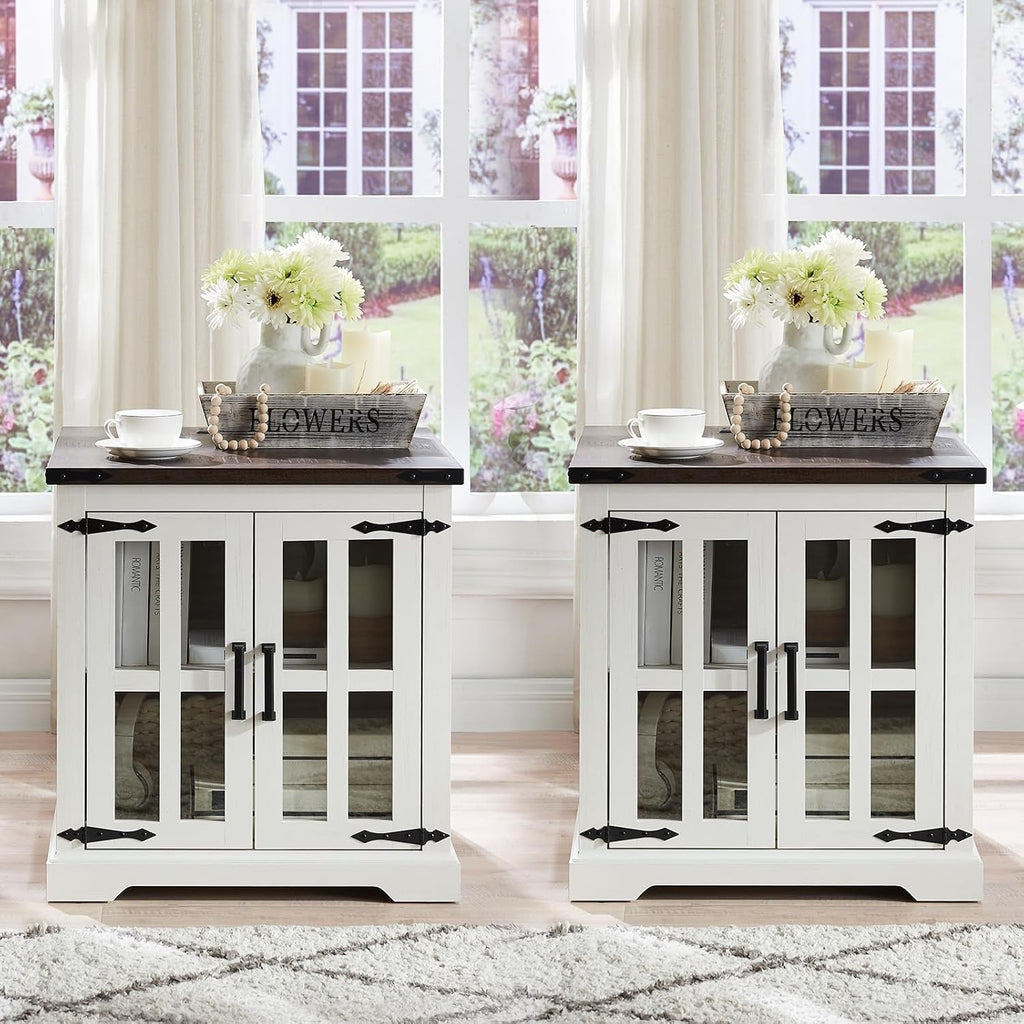 Barnyatoh Farmhouse End Table with Charging Station,24' Large Side Table with Glass Barn Door, Rustic Wood Nightstand Bedside Table with Adjustable Storage Shelf for Living Room, Bedroom,White,2 Pack