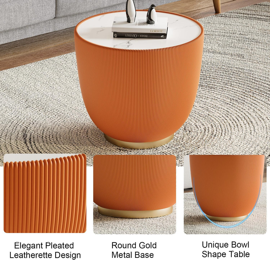 Modern Round End Table Luxury Sintered Stone Top Coffee Table in Orange Leatherette Creative Bowl-Shape Small Coffee Side End Table for Living Room Bedroom,Fully Assembled