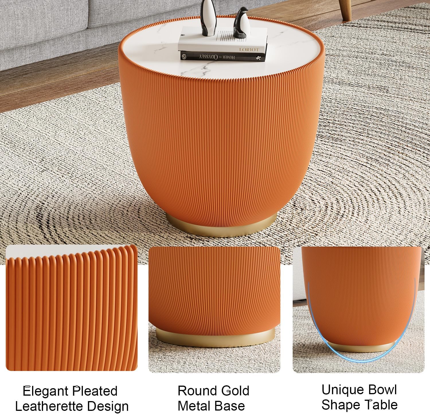 Modern Round Coffee Table Set of 2 Luxury Sintered Stone Top Coffee End Table in Black/Orange Leatherette Creative Bowl-Shape Small Coffee Side End Tables for Living Room Bedroom