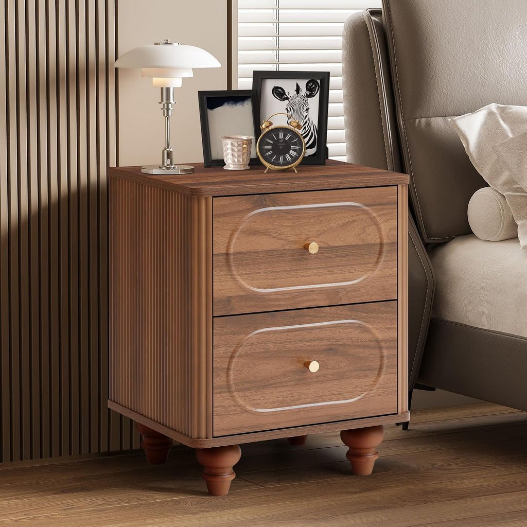2 Drawer Fluted Nightstand Set of 2, Mid Century Modern Farmhouse Night Stand Small End Table Bedside Table for Bedroom, Living Room, Walnut