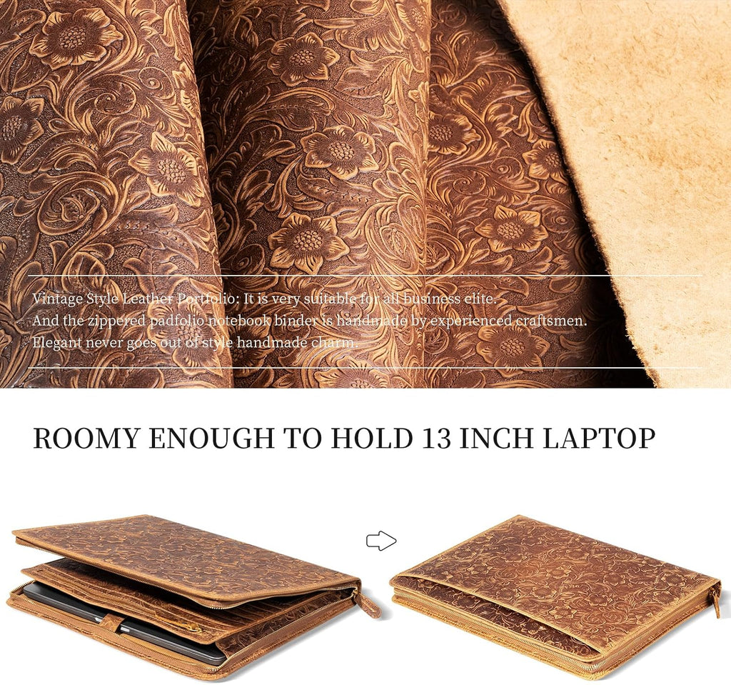 Gexmil Leather Portfolio Organizer for Women Men, Business Padfolio Folder with Zipper, Full Grain Leather,Interview Legal Document File Resume Organizer, A4 Writing Notepad Padfolio, Floral Brown