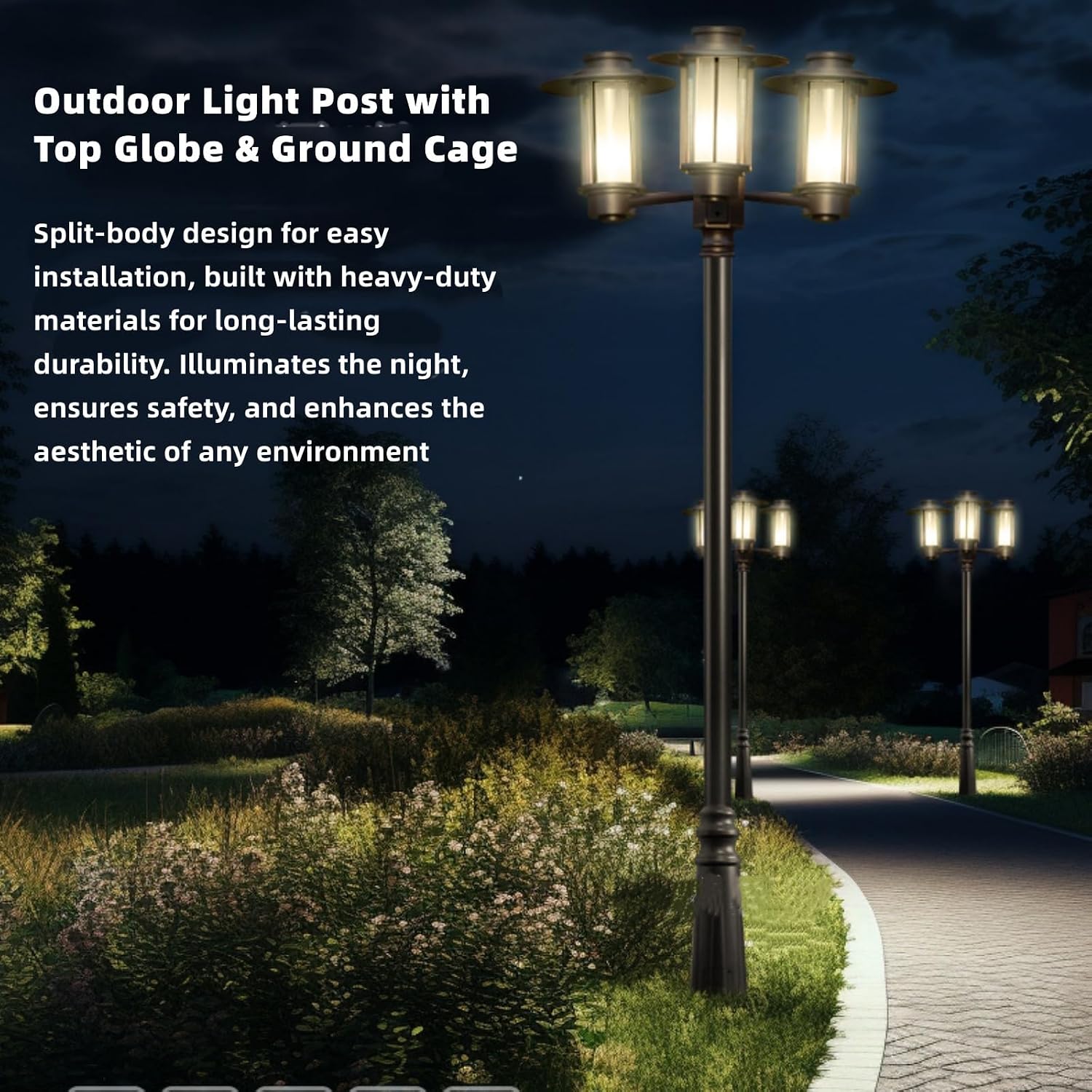 10FT Outdoor Lamp Post, Split Street Light Pole with Top Globe & Ground Cage Lighting Post Fixtures for Pathway Courtyard Parking Lot, Fits Standard 3' Post Top Fixtures (10FT 275+76mm)