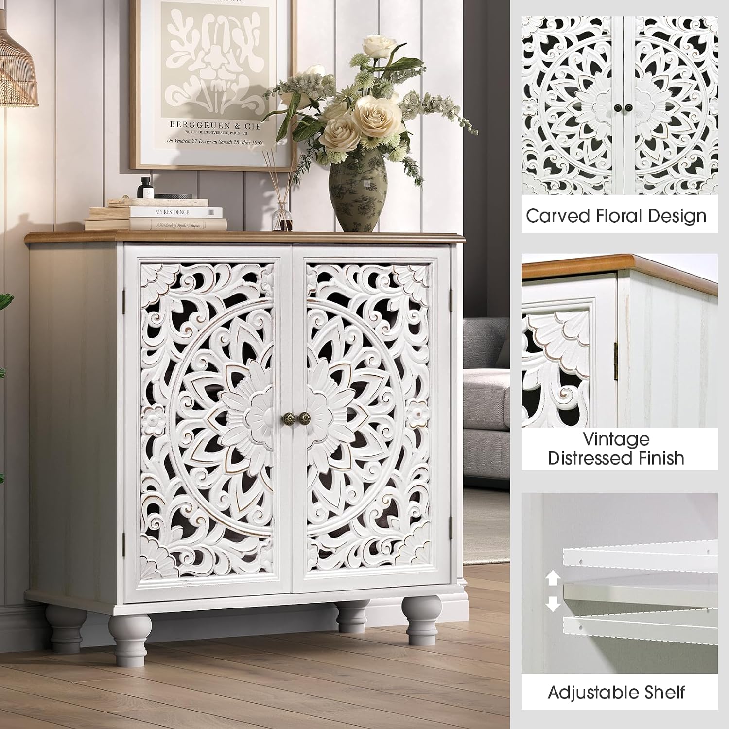JOINICE White Accent Cabinet with Walnut Finish Top, 31' Farmhouse Storage Cabinet with Carved Doors for Living Room, Sideboard Buffet for Dining Room, Solid Wood Legs