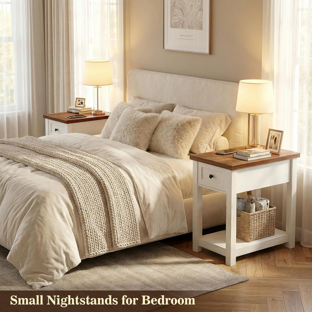 Narrow End Table Set of 2 with Charging Station - Farmhouse Side Tables with Drawer, 14' Wood Nightstands Set of 2 for Bedroom Living Room, Slim Couch Bedside Table Small Spaces, Antique White & Brown