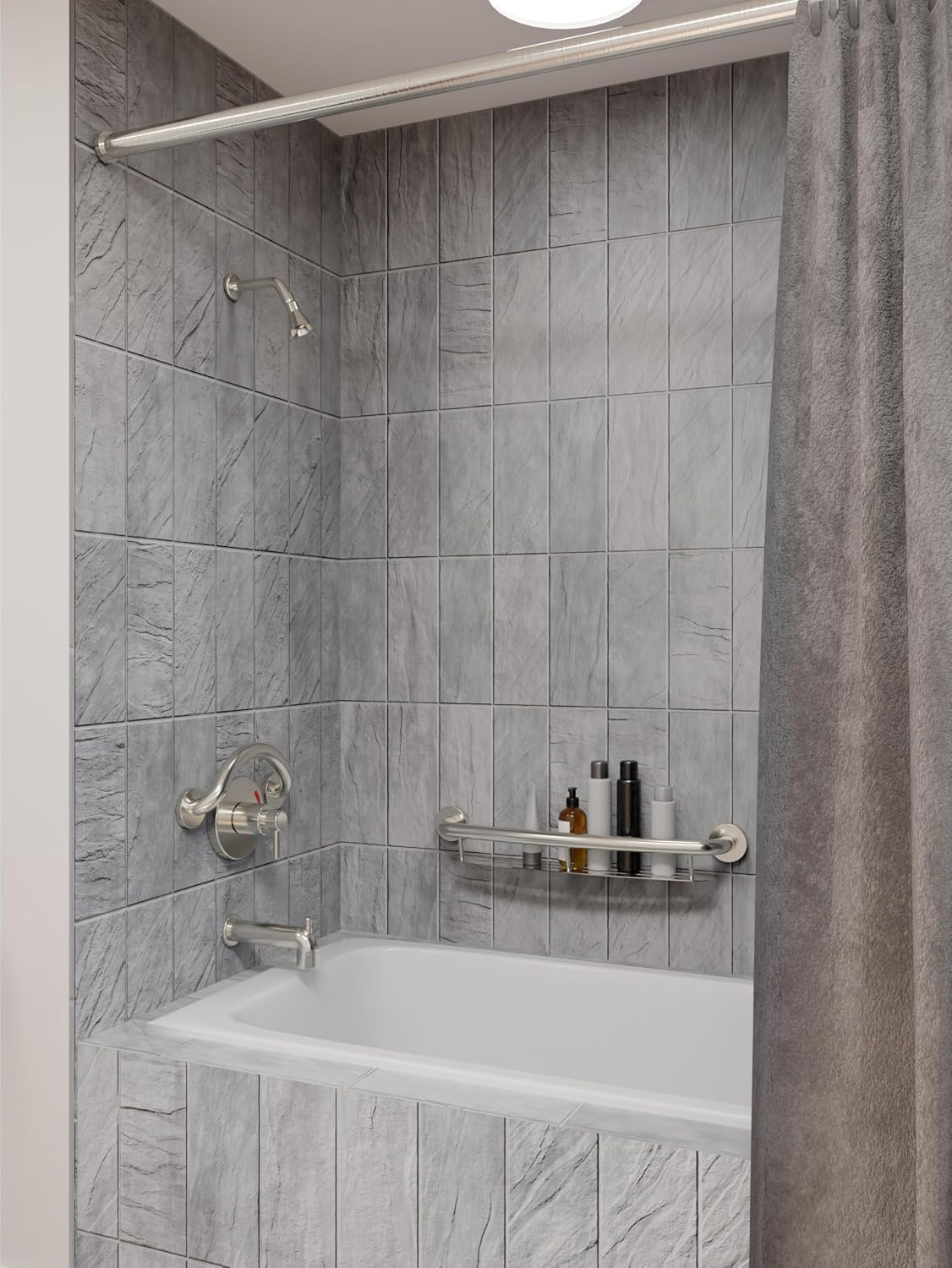 HEALTHCRAFT Plus Shampoo Shelf & Grab Bar 24' - Brushed Stainless, 500 Lbs | Built-in shampoo shelf, concealed screws, no separate shelf needed