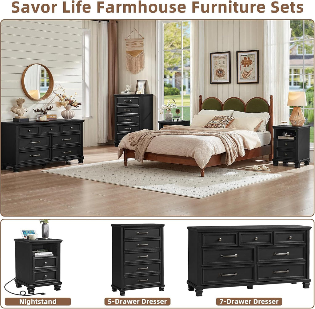 SAVOR LIFE Farmhouse Side Table with Charging Station, Rustic Black Nightstand with Drawers, Bedside Table with Open Shelf for Bedroom, Black