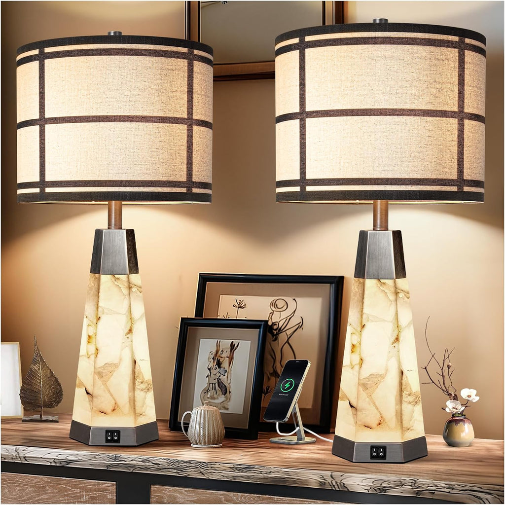 KIVDITZO 27' Alabaster Table Lamps for Living Room, Bedroom Lamps Set of 2 with Night Light, Living Room Lamps with USB A+C Ports, Table Lamp with Linen Shade for Bedside (Bulbs Included)