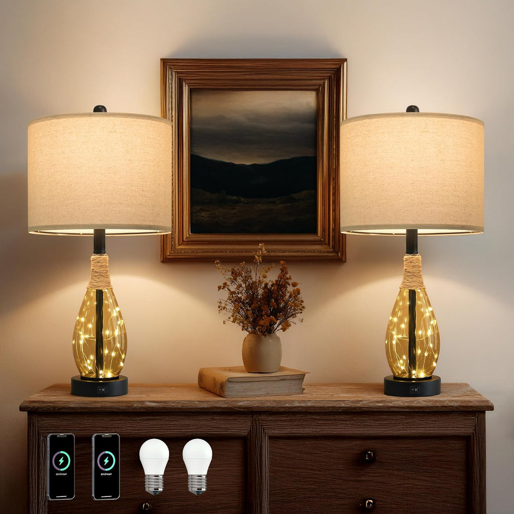 OYEARS 23' Table Lamps for Living Room Set of 2 Bedside Lamps for Night Stands Bedroom Lamps Farmhouse Rattan Boho Lamp Glass Nightlight End Table Lamp,Two Light Points