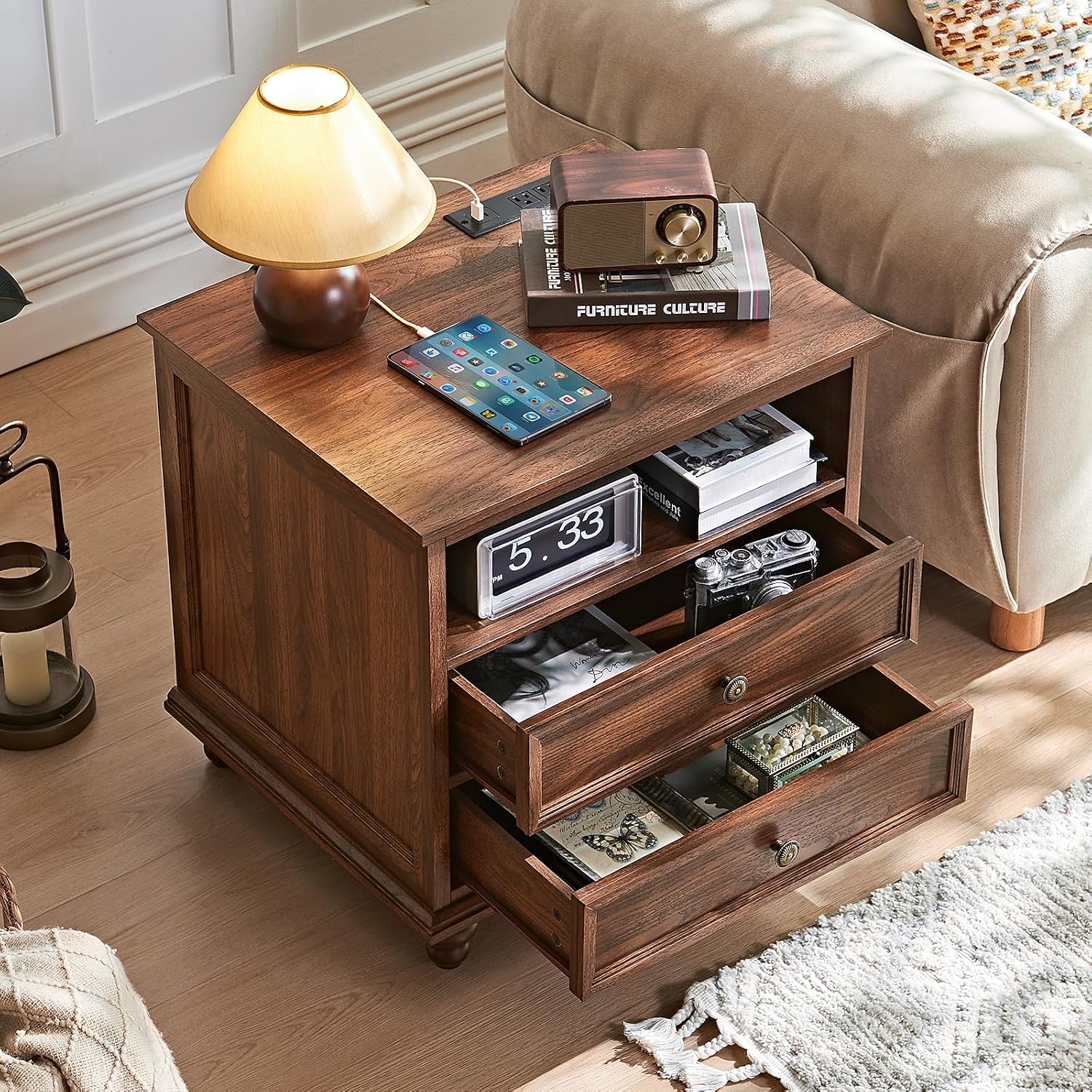 Joaxswe 24' Wide Farmhouse Nightstand Set of 2 with Charging Station,End Table with 2 Drawers,Brown Wood Dresser for Bedroom Cabinet, Bed Side Table Chest of Drawers, Night Stand for Living Room