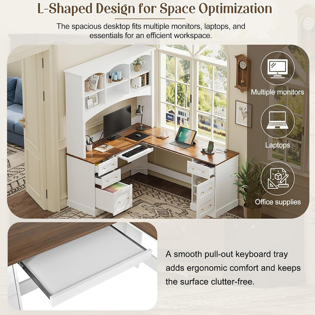 L-Shaped Computer Desk with Keyboard Tray | Charging Stations,Corner Desk with Arched Hutch, All-in-One Home Office Desk for Study, Office