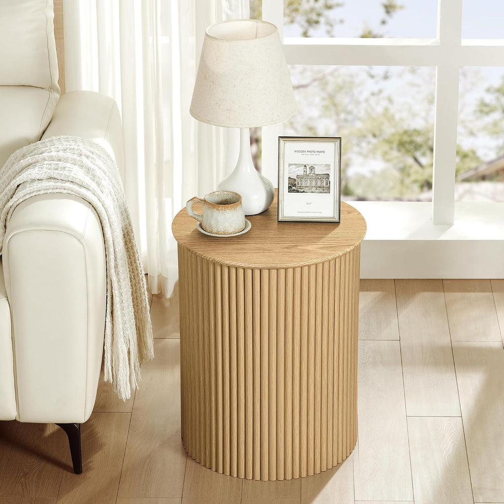Round Fluted Side Table Set of 2, 17.7' Mid-Century Modern End Tables, Wooden Bedside Table Round Nightstand Small Circle Sofa Accent Table for Living Room, Bedroom Home(Natural)