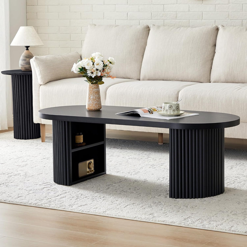 Oval Fluted Coffee Table, 47' Farmhouse Wood Coffee Table Mid Century Modern Center Table Boho Living Room Tables for Living Room Office,Black