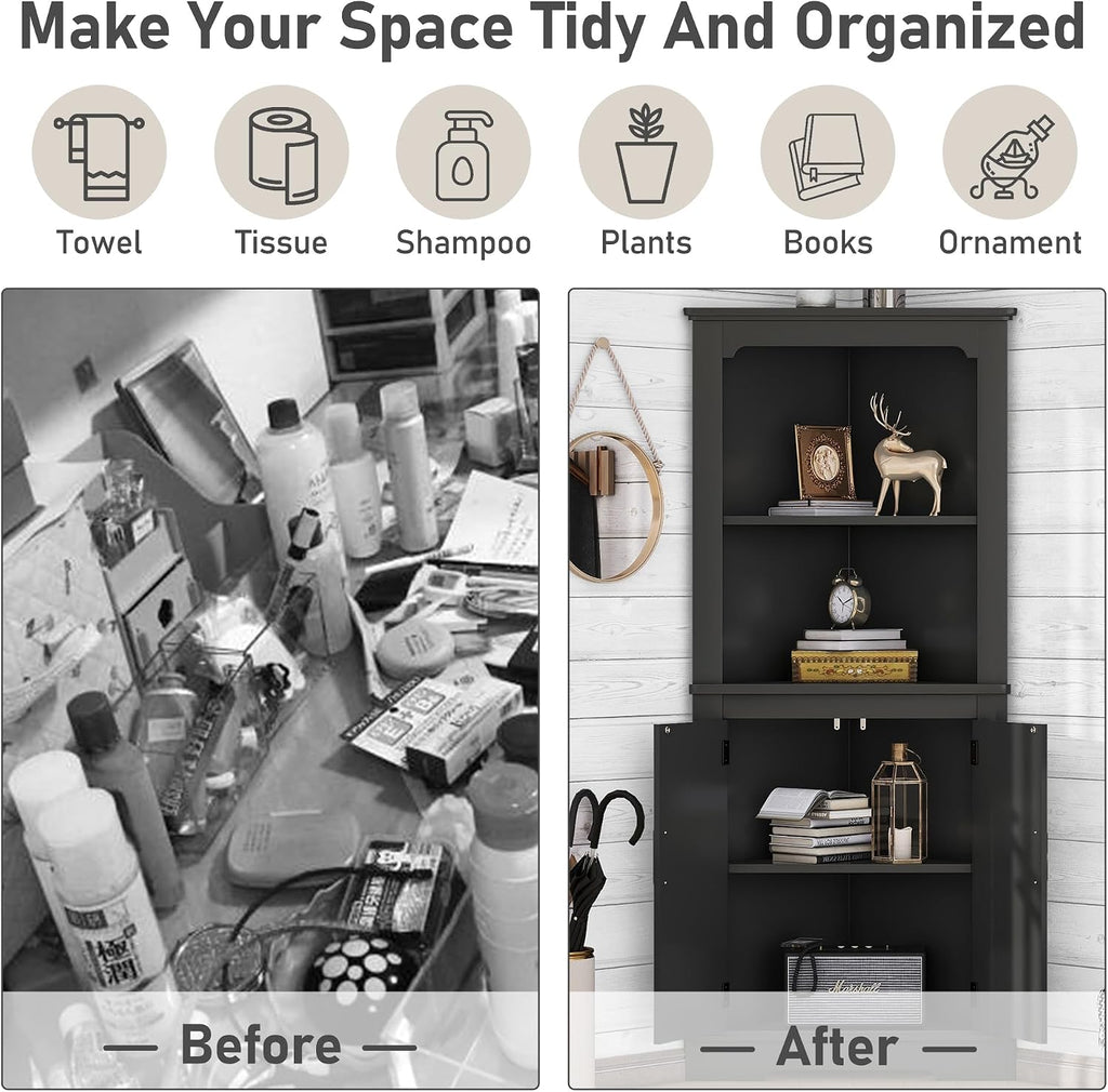 DOFFO Tall Bathroom Corner Cabinet, 69.3'H Freestanding Corner Storage Cabinet with 2 Doors and Open Shelves, Bathroom Floor Storage Display Organizer for Living Room, Dining Room and Kitchen (Black)