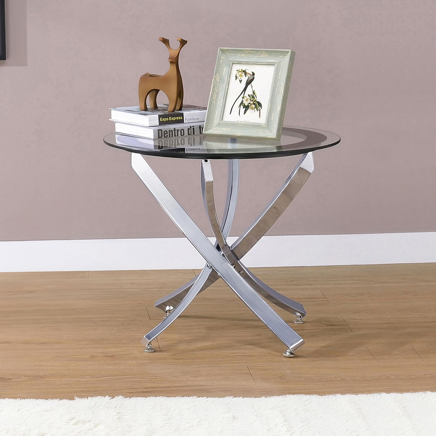 BOWERY HILL Round End Table, 22 in H x 23.5 in W, Glass Top and Metal Frame, Chrome Finish, Modern Coffee Accent Table for Living Room or Home Decor