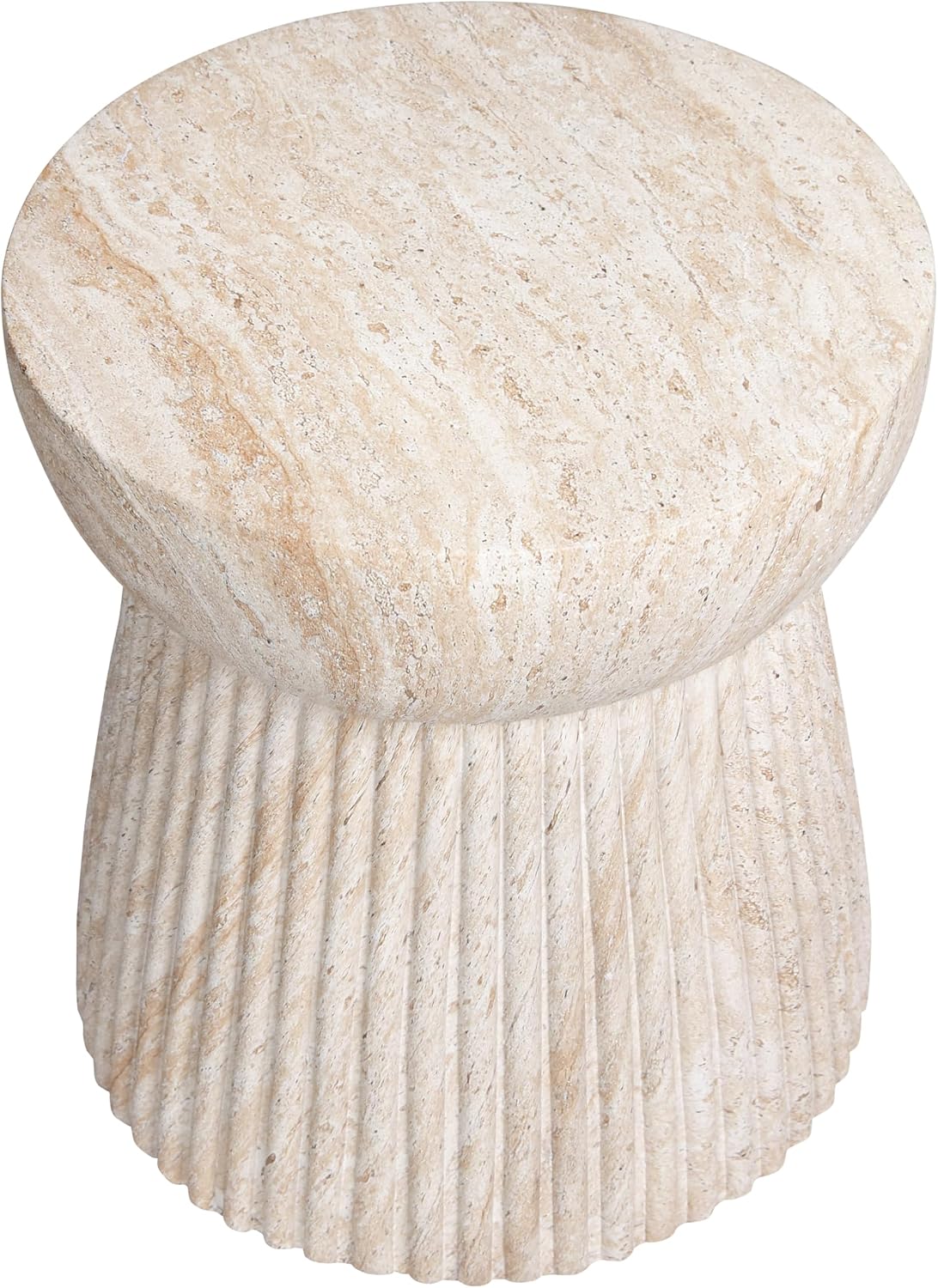 Empire Art Direct Fluted Travertine Stone Finish Italian Design MgO Side Accent Table, Living Room, Bedroom & Office, 14.6'x14.6'x17'