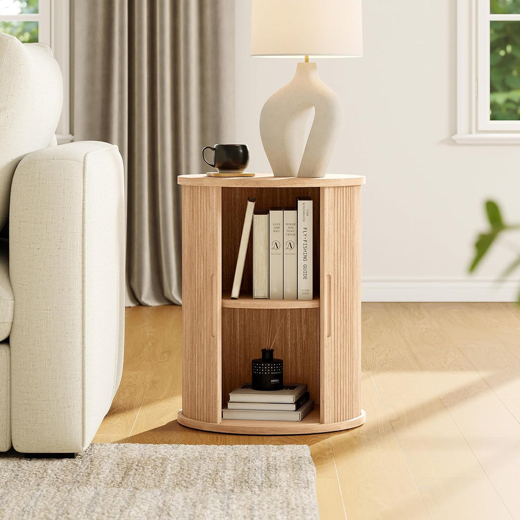LINSY HOME Fluted Living Room Table Set of 3, Includes Mid Century Modern TV Stand with Storage for Up to 65 inch TV, 58' Entertainment Center, Round TV Side Table, End Table Set of 2, Oak