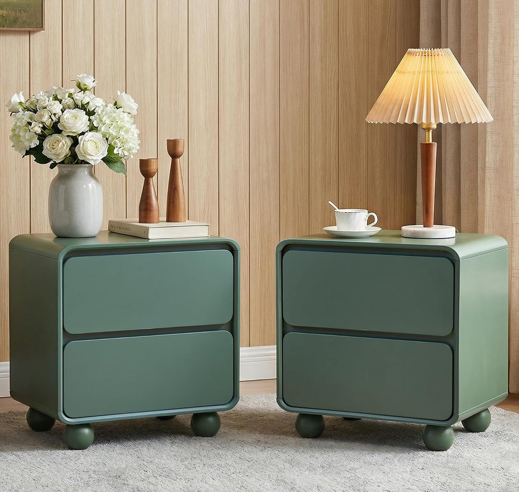 Small Night Stand Set of 2, Mid Century Modern Nightstands with 2 Drawers and Solid Wood Legs, 2 Drawer Dresser Curved Profile Design End Table Side Table for Small Space, Dorm, Bedroom(Green)