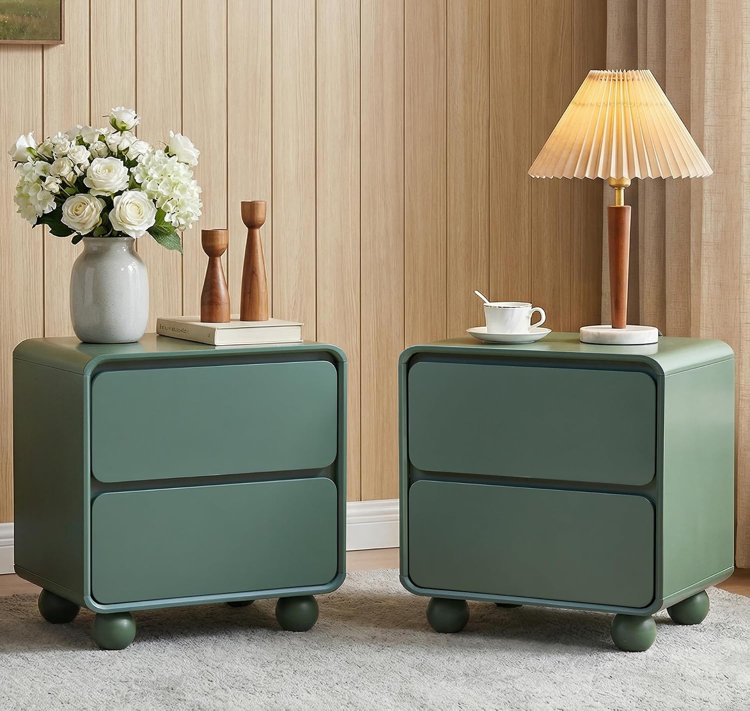 Small Night Stand Set of 2, Mid Century Modern Nightstands with 2 Drawers and Solid Wood Legs, 2 Drawer Dresser Curved Profile Design End Table Side Table for Small Space, Dorm, Bedroom(Green)