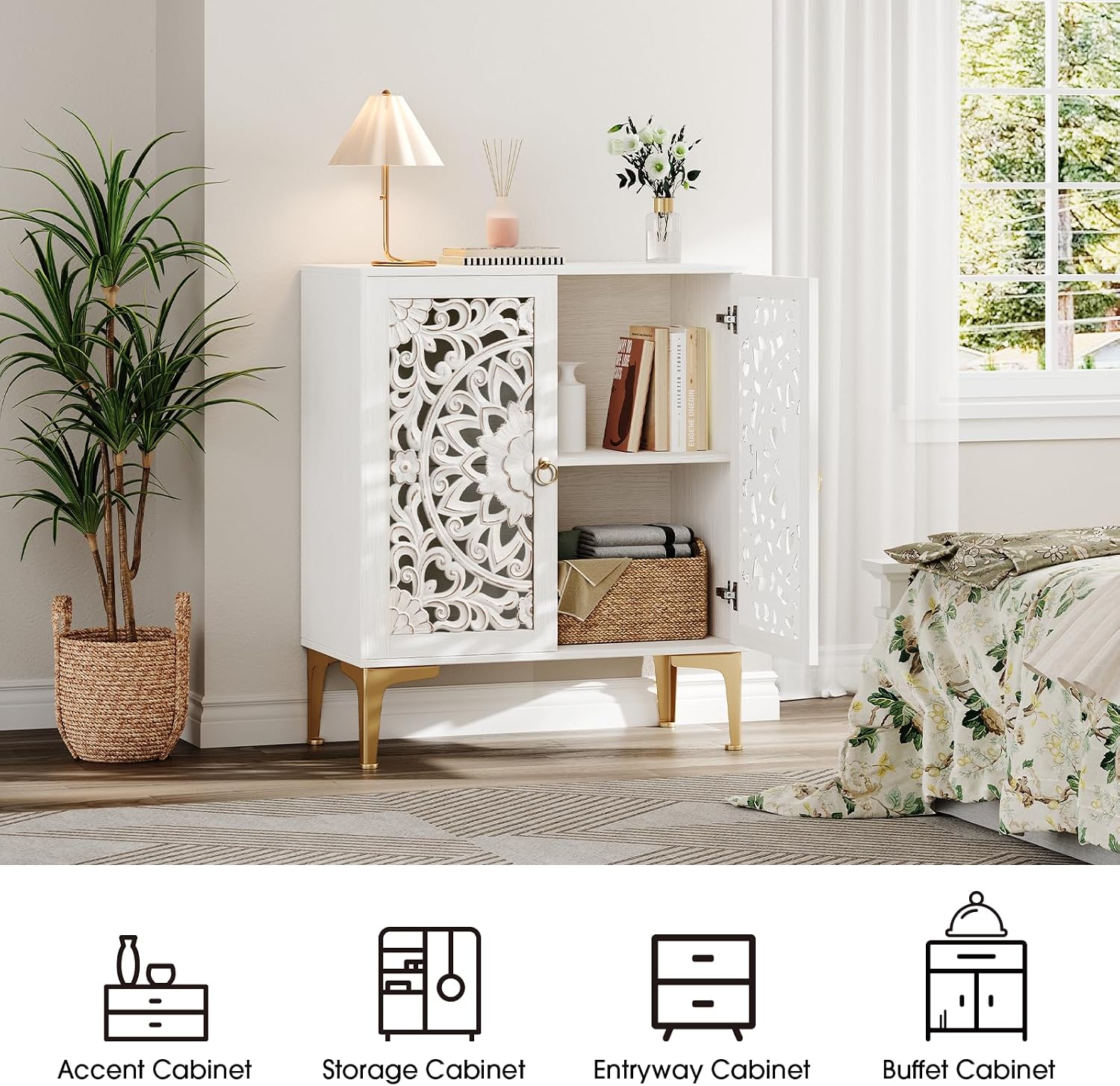 JOINICE Accent Cabinet with Doors, Set of 2, Sideboard Buffet Cabinet with Storage, 31.5' W Buffet Table with Gold Legs and Adjustable Shelf for Living Room, Kitchen, Hallway, White