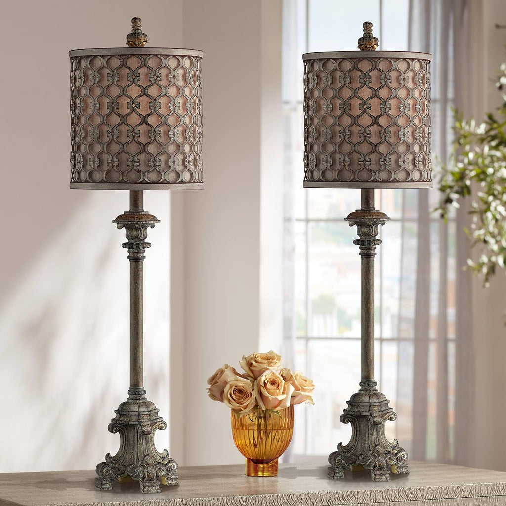 Regency Hill Vichelis 34' Tall Skinny Candlestick Buffet Traditional Vintage End Table Lamps Set of 2 Beige Metal Fabric Shade Living Room Bedroom Bedside Nightstand House Office Home Reading