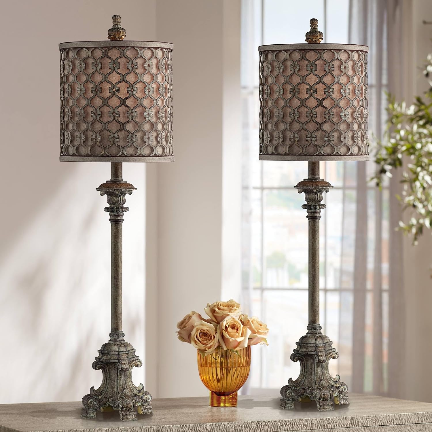 Regency Hill Vichelis 34' Tall Skinny Candlestick Buffet Traditional Vintage End Table Lamps Set of 2 Beige Metal Fabric Shade Living Room Bedroom Bedside Nightstand House Office Home Reading