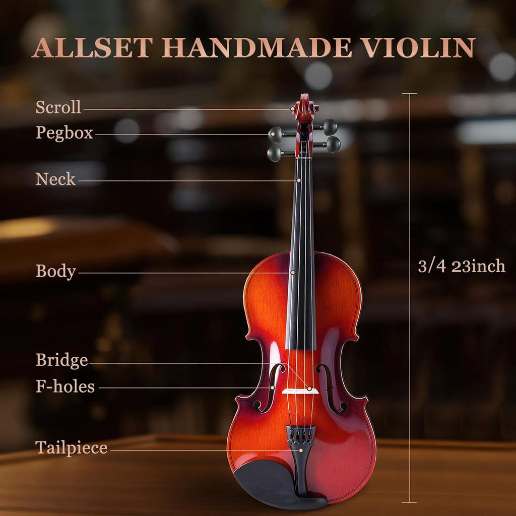 ALLSET 3/4 Full Size Acoustic Violin Kit for Beginners | Polywood Handmade Violin with Hard Case, Bow, Rosin, Shoulder Rest, Tuner & Extra Strings | Violin for adults | Glossy Red