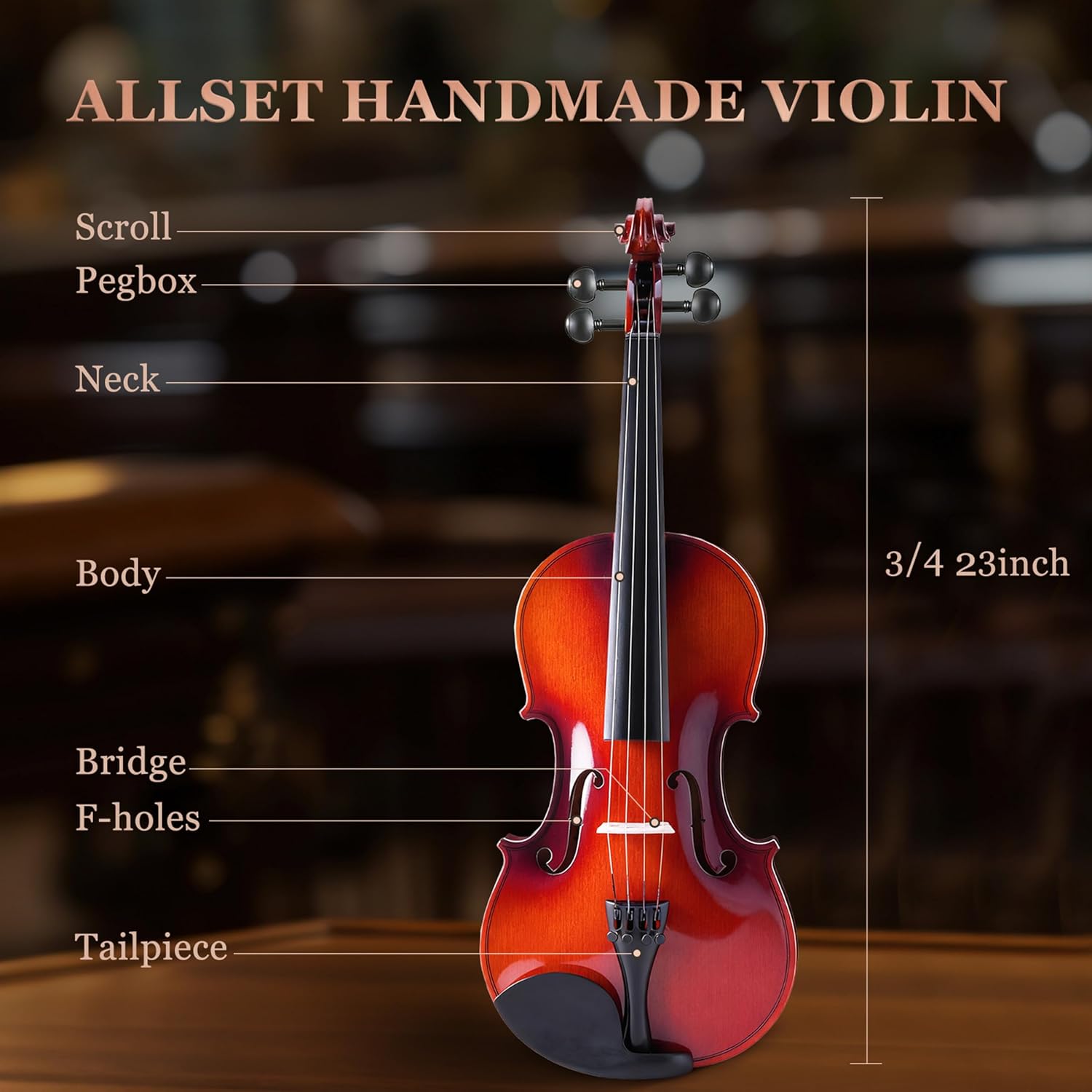 ALLSET 3/4 Full Size Acoustic Violin Kit for Beginners | Polywood Handmade Violin with Hard Case, Bow, Rosin, Shoulder Rest, Tuner & Extra Strings | Violin for adults | Glossy Red