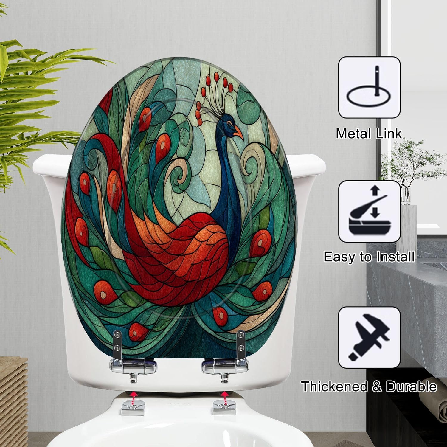Elongated Toilet Seat Sleek Stained Glass Geometric Tail Green Blue Resin Toilet Seat Slow Quiet Close Lid with Quick-Release Hinges Cover Bumpers Easy to Clean Install