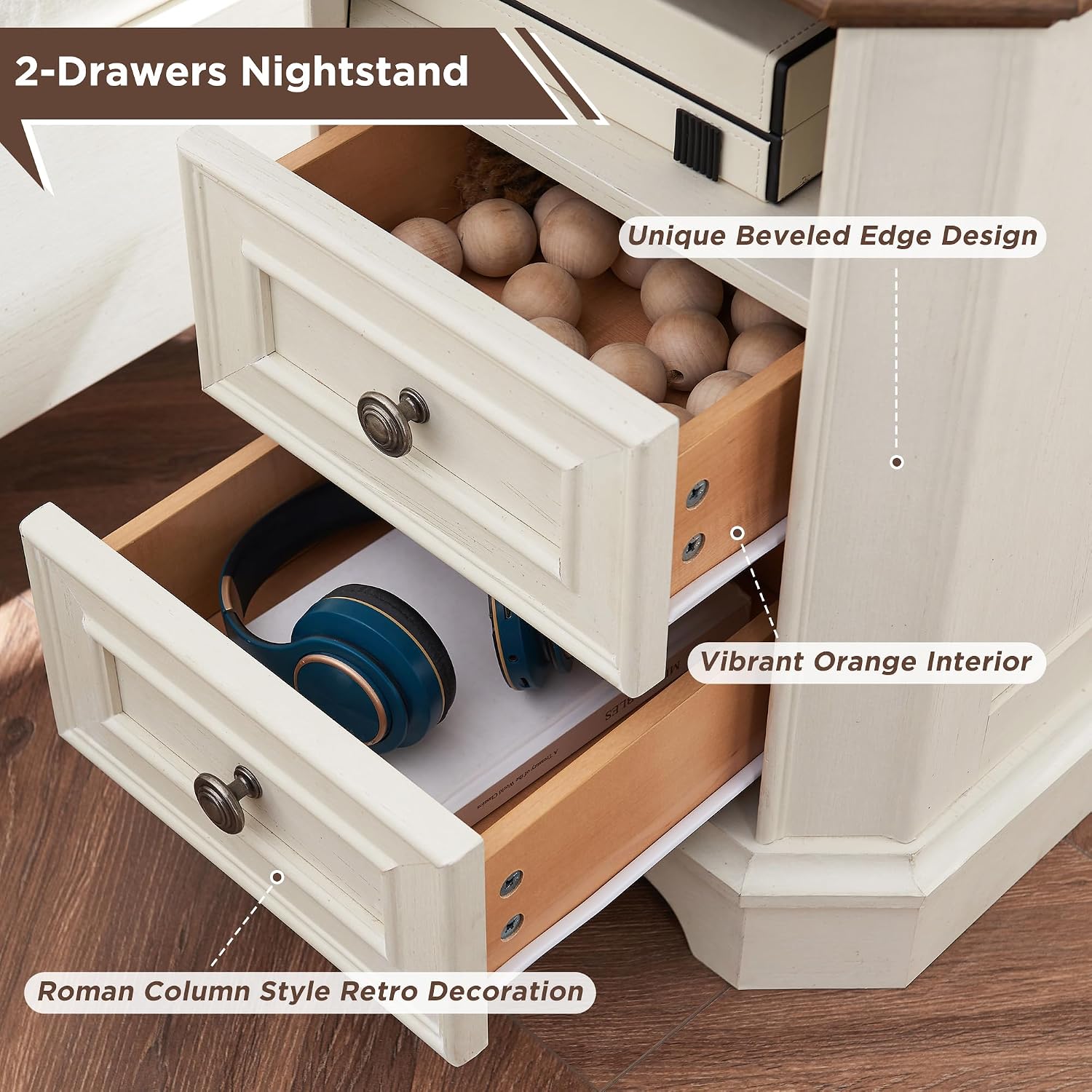 T4TREAM Farmhouse Nightstand with Charging Station, 18' End Table with 2 Drawers, Wood Side Table, Bedside Cabinet for Bedroom, Living Room (Antique White)
