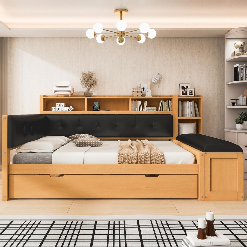 Harper & Bright Designs Full Size Daybed Sofa Bed with Trundle and L-Shaped Upholstered Headboard, Wooden Corner Platform Bed Frame with Storage Shelves, Bench, Charging Station, Natural Color+Black