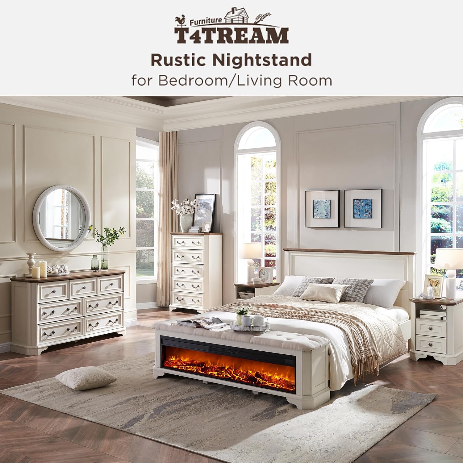 T4TREAM Farmhouse Nightstand with Charging Station, 18' End Table with 2 Drawers, Wood Side Table, Bedside Cabinet for Bedroom, Living Room (Antique White)