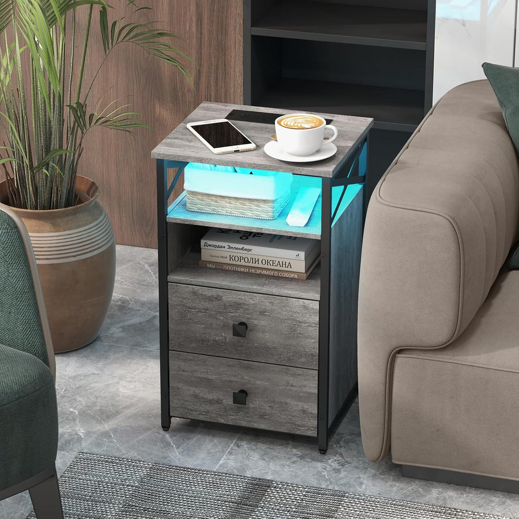 Livofloral Nightstands Set 2 with Charging Station, LED Nightstand with Wood Drawers, End Tables Living Room Set 2 with Storage, Farmhouse End Table Set of 2, Bedside Table for Bedroom, Grey