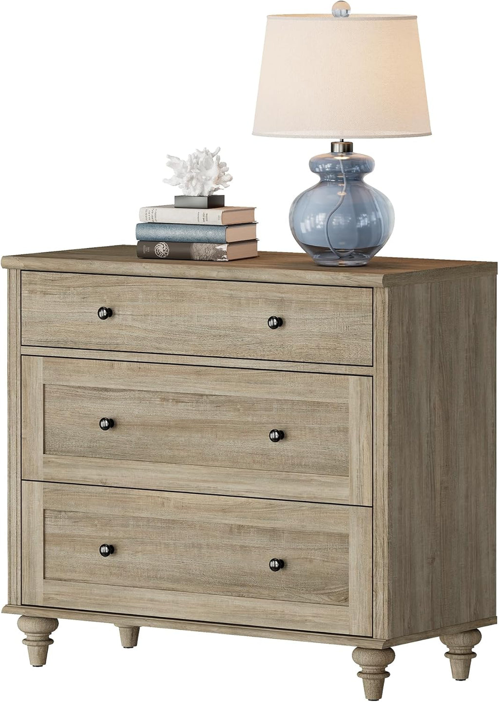 WAMPAT Farmhouse Nightstand with 3 Drawers, Large Wood Bedside Table Night Stand, Wide Sofa Side End Table 3 Drawers Chest of Dresser for Living Room, Bedroom, Grey, 34'