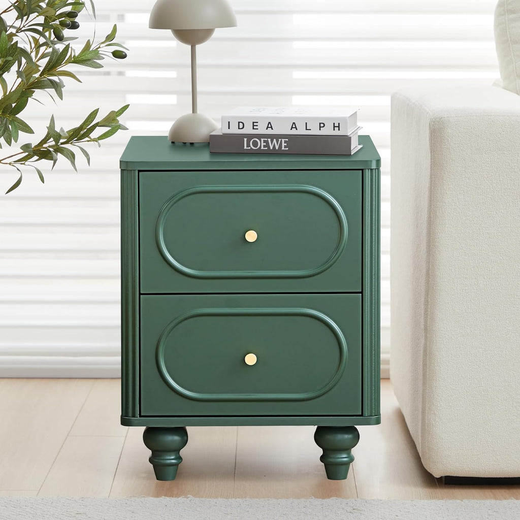 2 Drawer Fluted Nightstand Set of 2, Mid Century Modern Farmhouse Night Stand Small End Table Bedside Table for Bedroom, Green